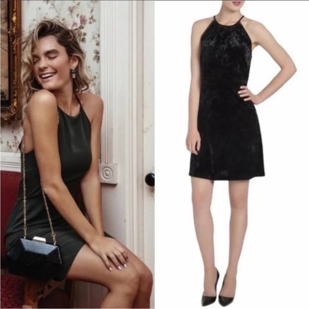 Lysse Willa Crushed Velvet Halter Dress L Black Tie Waist Fringe Belt NWT‎